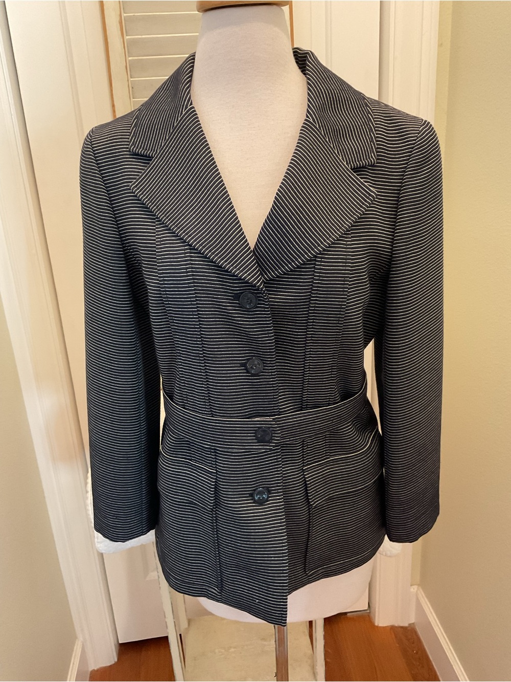 CHANEL Navy and White Pinstripe Tailored Blazer Jacket